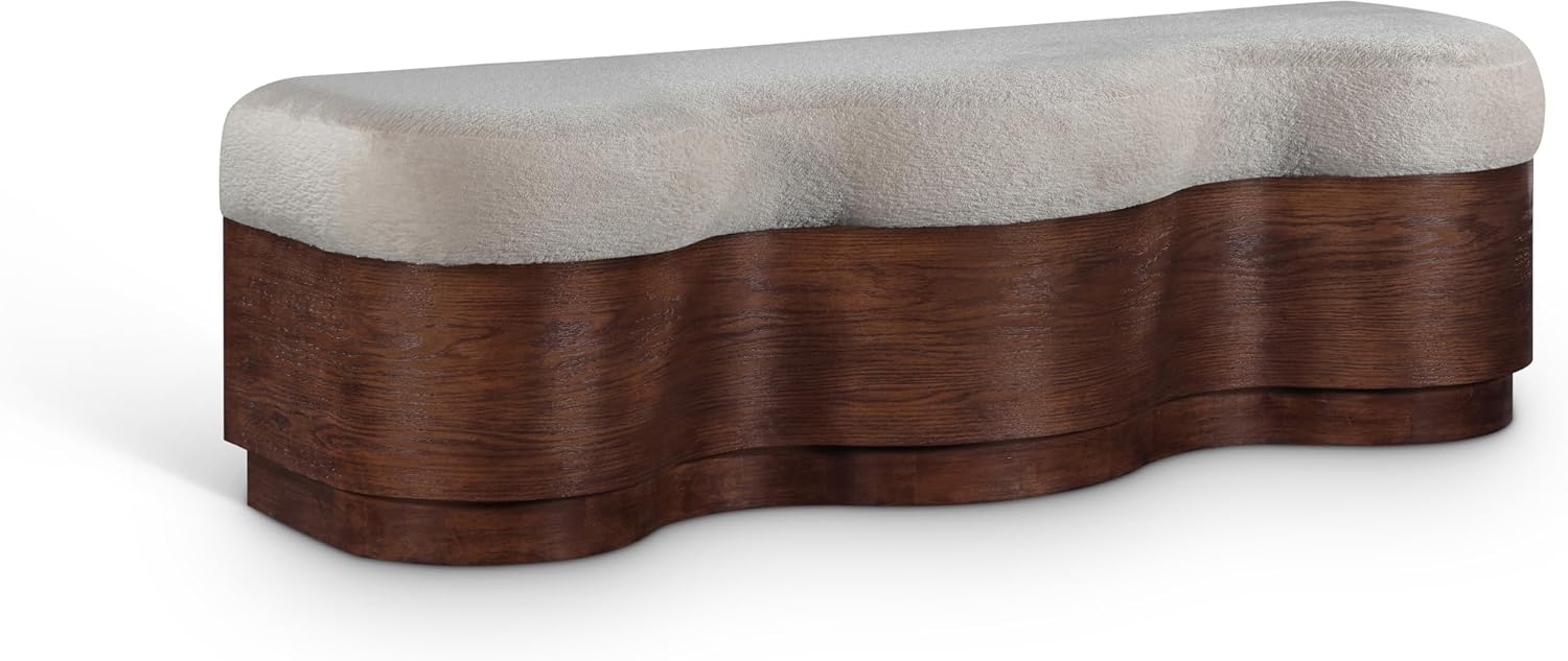 Meridian Furniture 22082Beige Savoy Collection Art Deco Bench with Soft Beige Velour Fur Fabric, Rich Brown Walnut Finish, Mix of Solid Wood & MDF, 60' W x 18.5' D x 18.5' H, Beige