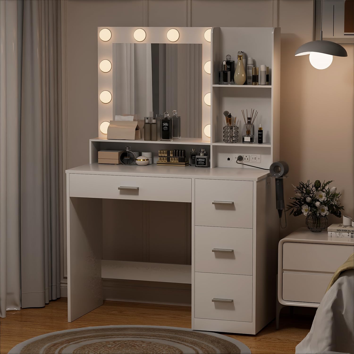 YESHOMY 39' Vanity Desk with Mirror & Lights, Makeup Vanity Table with Power Outlet & Storage Drawers, 3 Color LED Lighting, Dressing Table for Bedroom, White