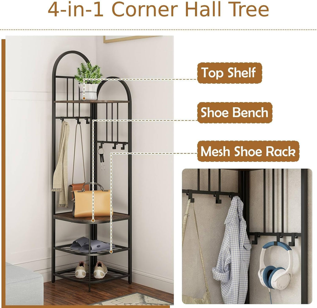Tall 180cm Freestanding Coat Rack Stand with Shoe Bench, 6 Movable Hooks, 4-Tier Shelves, Rustic Brown & Black Corner Hall Tree nizer for Entryway Storage