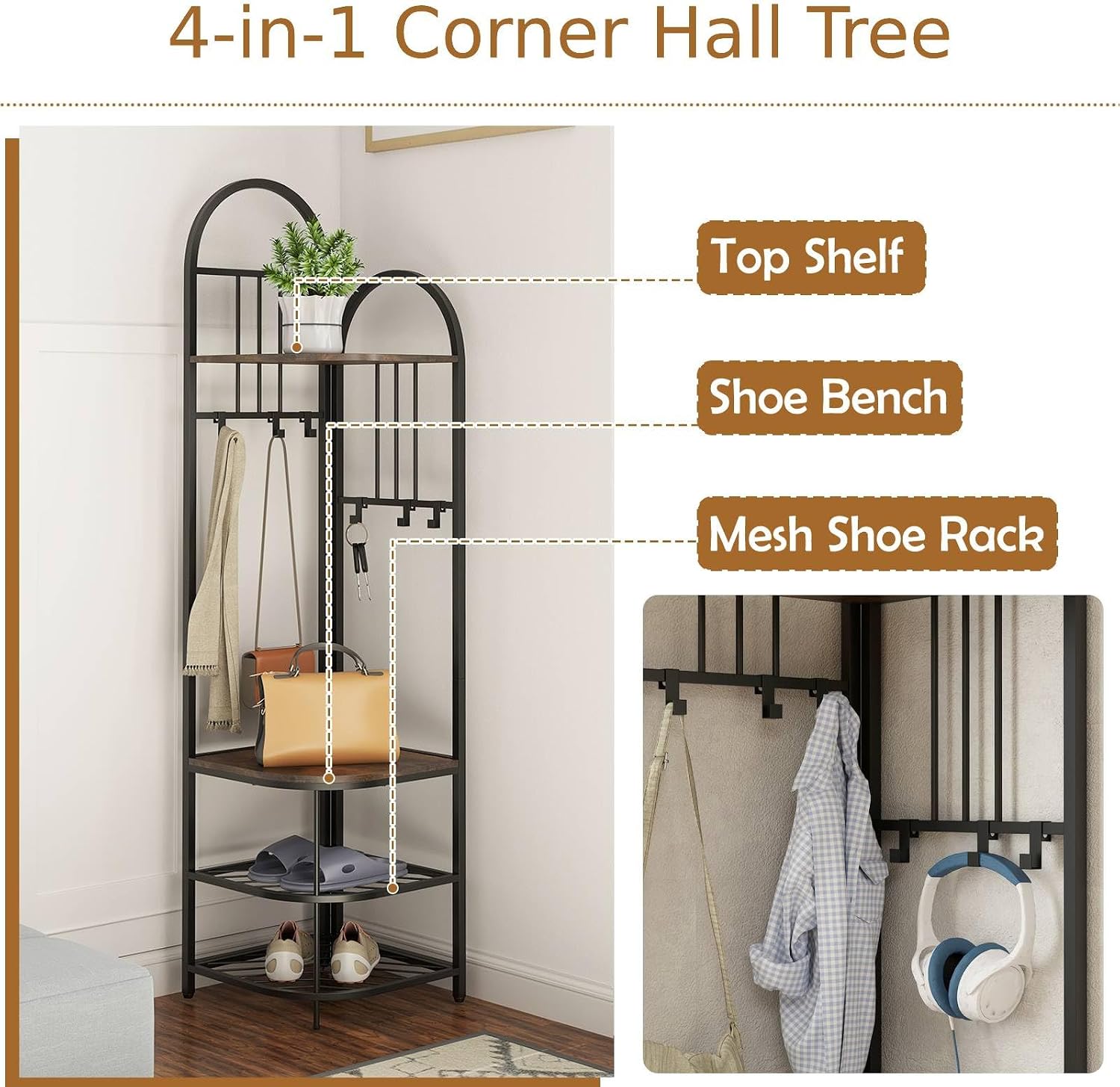 Tall 180cm Freestanding Coat Rack Stand with Shoe Bench, 6 Movable Hooks, 4-Tier Shelves, Rustic Brown & Black Corner Hall Tree nizer for Entryway Storage