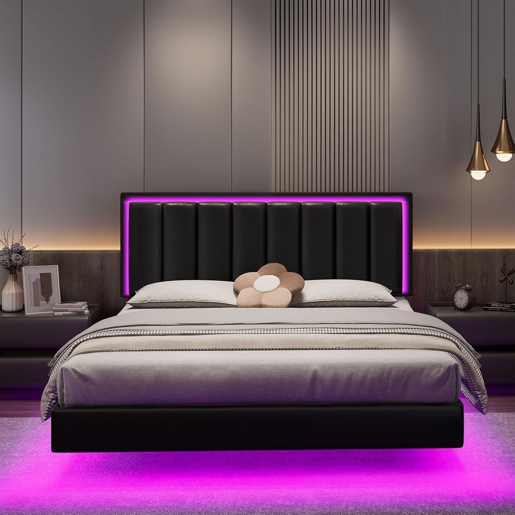 IMMERSTABLE Queen Size Floating Bed Frame with LED Lights, Upholstered Platform Bed with Headboard, 11 in Storage Clearance, Solid Wood Slats, No Box Spring Needed, Easy Assembly, Black