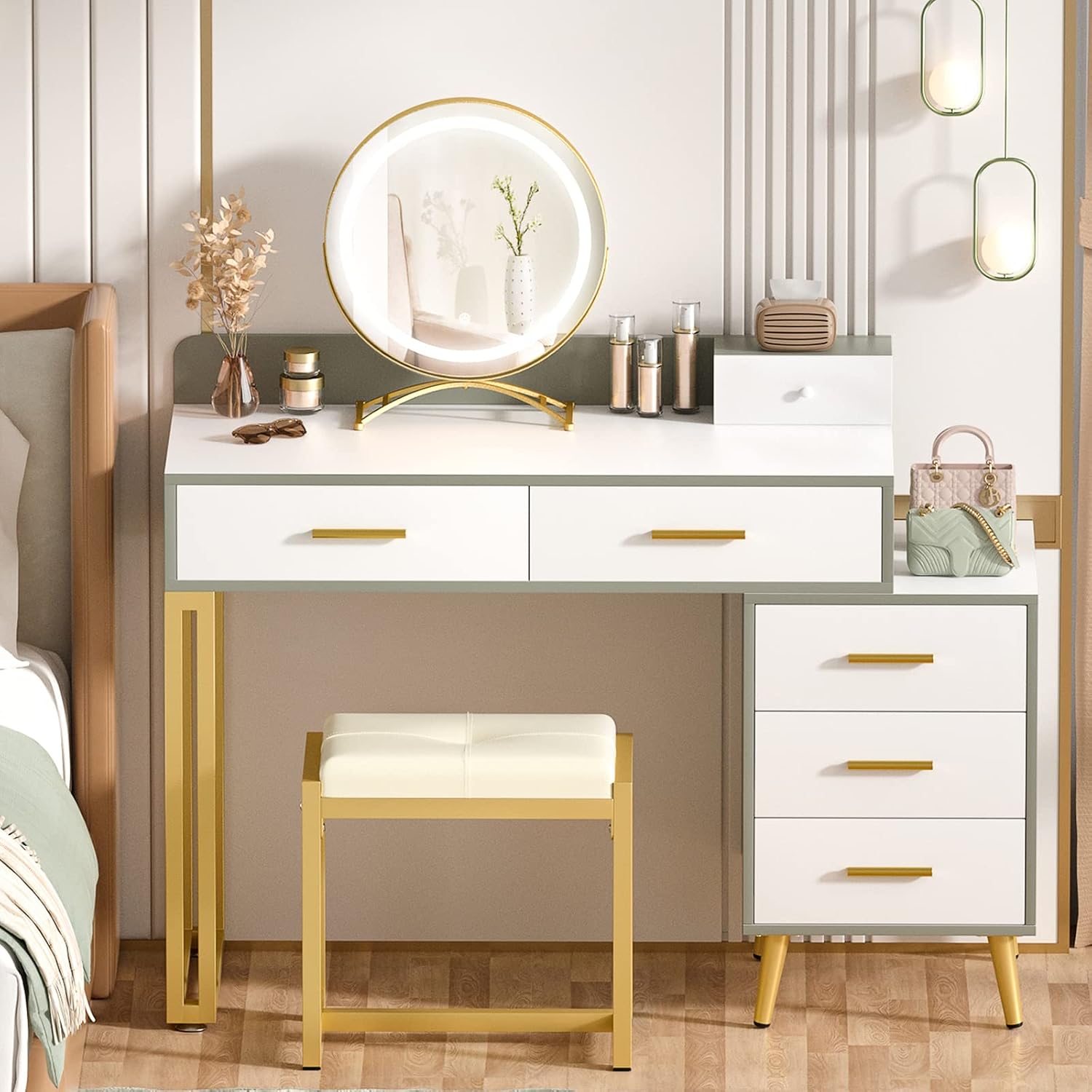 Armocity Vanity Desk with Mirror and Lights, Makeup Vanity Table Set with 6 Storage Drawers, Stool and Divided Organizers, Dressing Table with 3 Color Lighting Options for Women Girls, White and Cyan