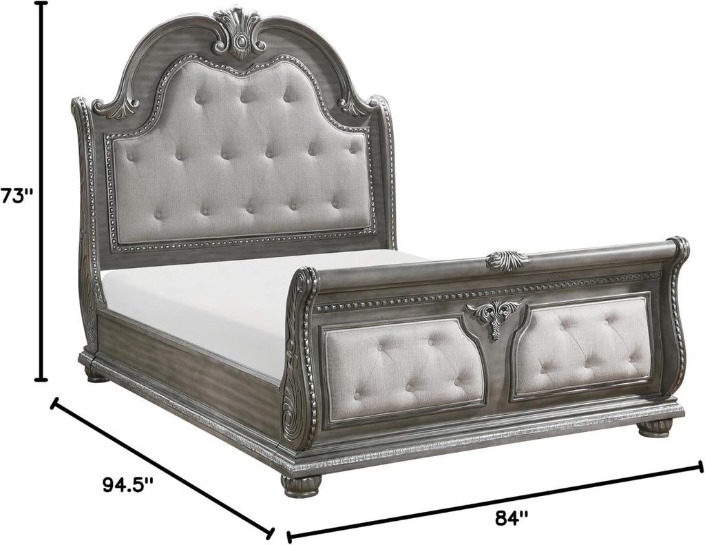 Formal 4-Pieces King Size Bed Set Gray Finish Carving Wood Luxury Traditional Bedroom Furniture