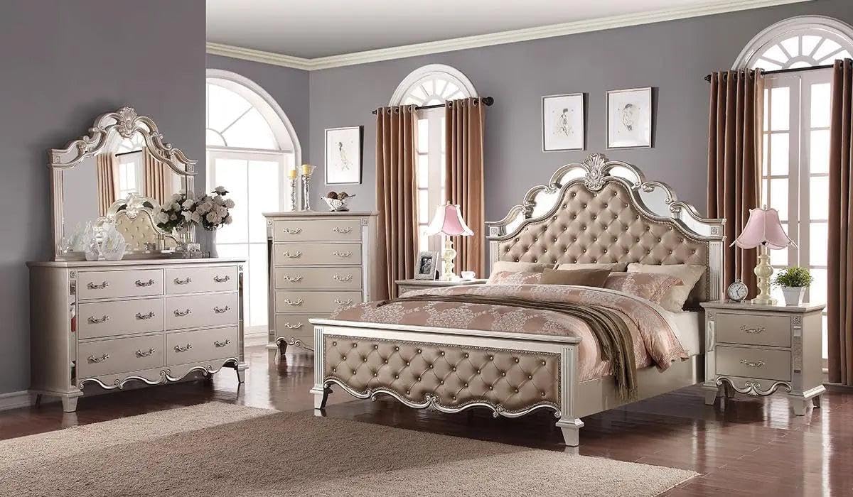 First of a Kind Sonia Contemporary 4 Piece King Bedroom Set with Upholstered Headboard Sleek Modern Design Coordinated Furniture Collection, Champagne