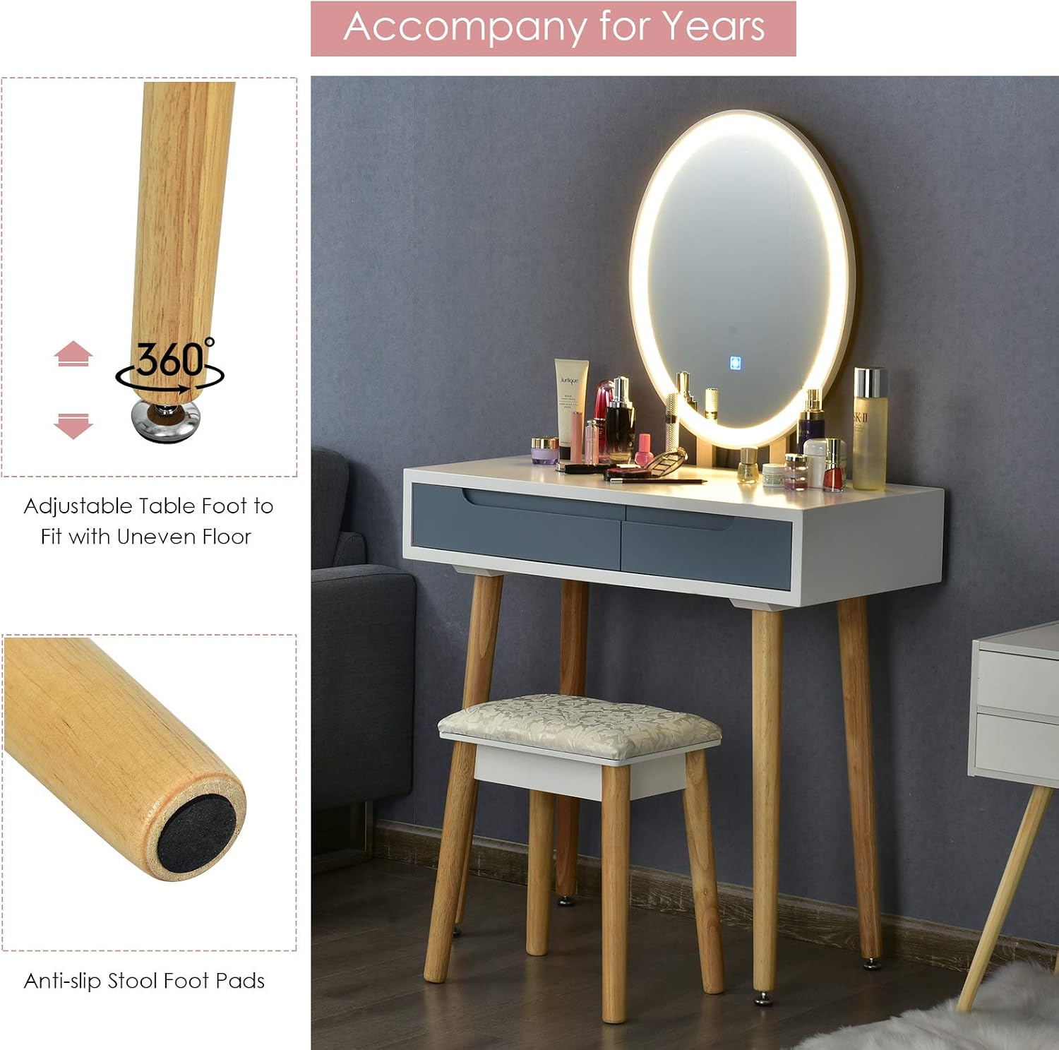 CHARMAID Vanity Set with Lighted Mirror, 3 Modes Adjustable Brightness Mirror, Makeup Dressing Table with Cushioned Stool, 2 Sliding Drawers with Divider, Modern Bedroom Vanity for Girls Women (Gray)