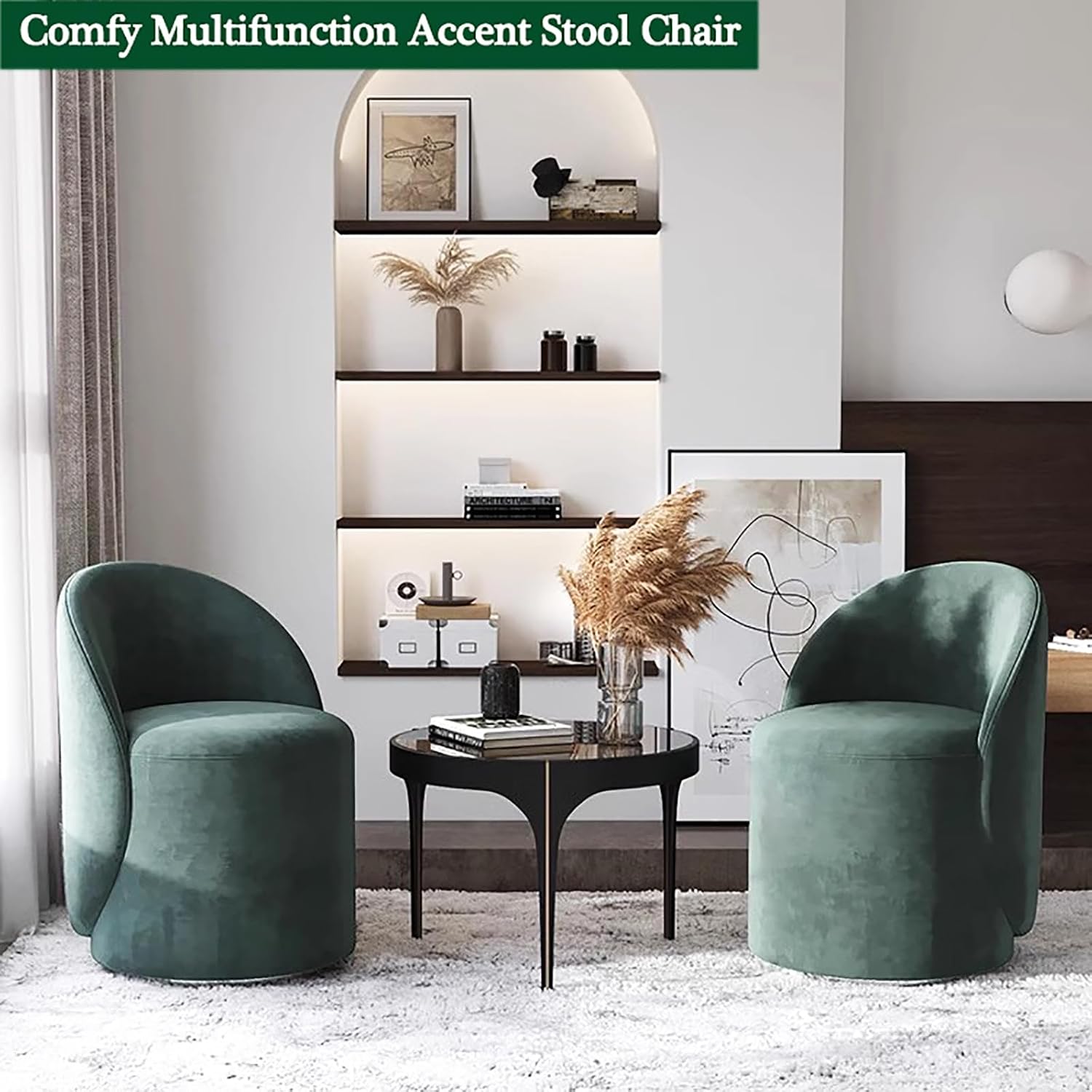 Velvet Vanity Stool Chair with Back,Round Makeup Stool for Vanity Desk,Wood Base,Cute Vanity Bench Seat Accent Stool for Bathroom,Bedroom,Living Room