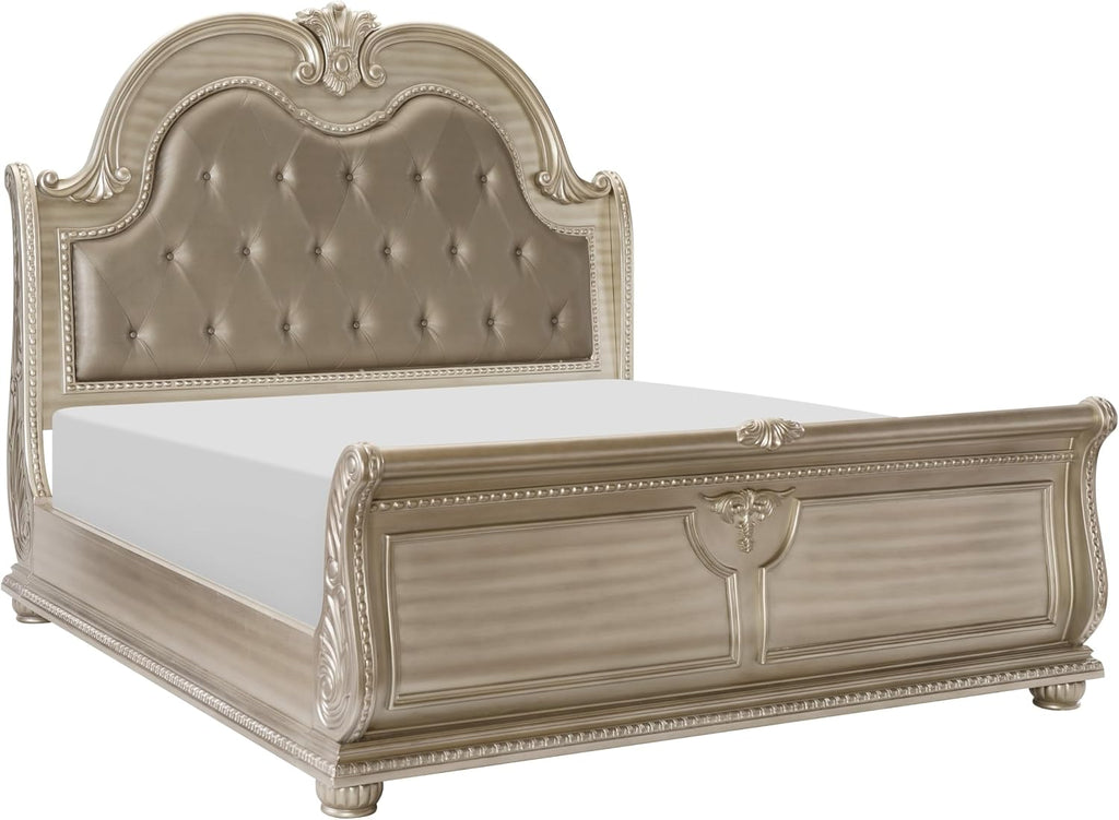 3PC Traditional Bedroom Set California King Size Tufted Bed Silver Finish Classic Design Marble Top Formal Solid Wood Furniture