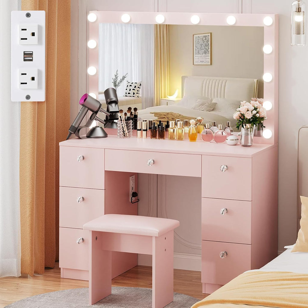 VOWNER Vanity with Lighted Mirror - Makeup Vanity Desk with Glass Top, 7 Drawers and Power Outlet, 3 Color Lighting Modes Adjustable Brightness, 44' Vanity Table with Stool for Women Girls, Pink