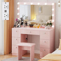 VOWNER Vanity with Lighted Mirror - Makeup Vanity Desk with Glass Top, 7 Drawers and Power Outlet, 3 Color Lighting Modes Adjustable Brightness, 44' Vanity Table with Stool for Women Girls, Pink