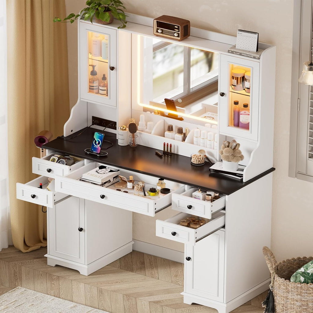 PAKASEPT Vanity Desk with Mirror and Lights, Makeup Vanity with 3 Lighting Modes& Charging Station, 5 Drawers, 4 Cabinets, Farmhouse Bedroom Vanitys for Women, Girls, Teens
