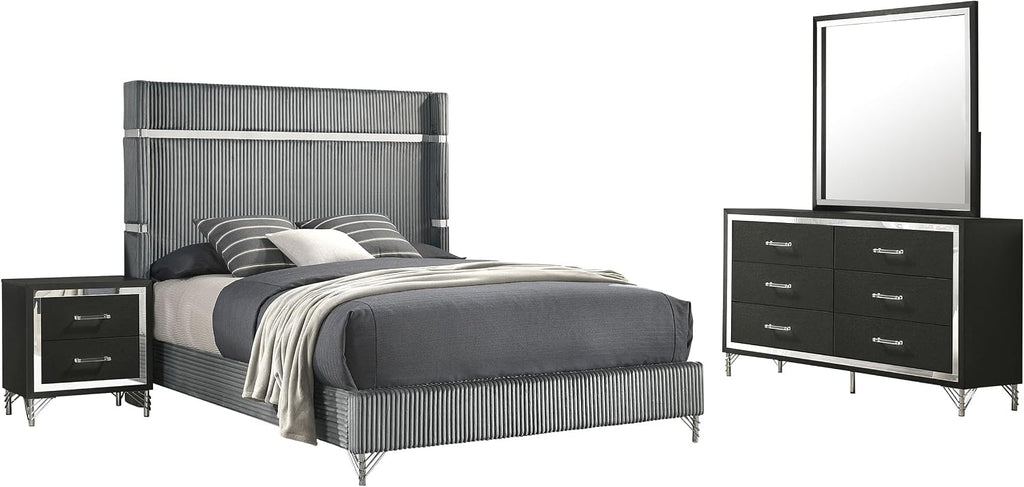 Coaster Home Furnishings Lucia Modern Classic 4-Piece Bedroom Set Velvet Upholstered Eastern King Size Wingback Bed Frame 61-inch Headboard Grey and Black 224991KE-S4