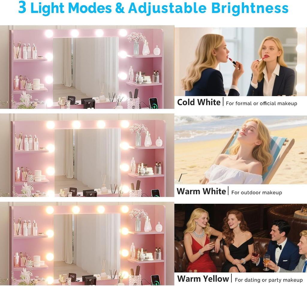 Karl home Fluted Vanity Desk with Mirror and Lights in 3 Modes and Charging Station, Makeup Vanity Table Set with 7 Drawers & Storage Shelves, Dressing Table with Chair for Bedroom, Pink
