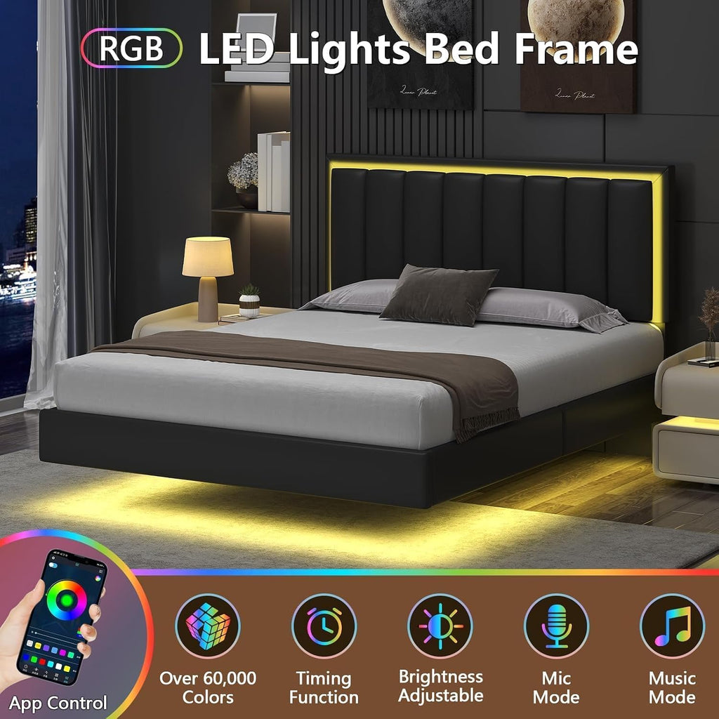IMMERSTABLE Queen Size Floating Bed Frame with LED Lights, Upholstered Platform Bed with Headboard, 11 in Storage Clearance, Solid Wood Slats, No Box Spring Needed, Easy Assembly, Black