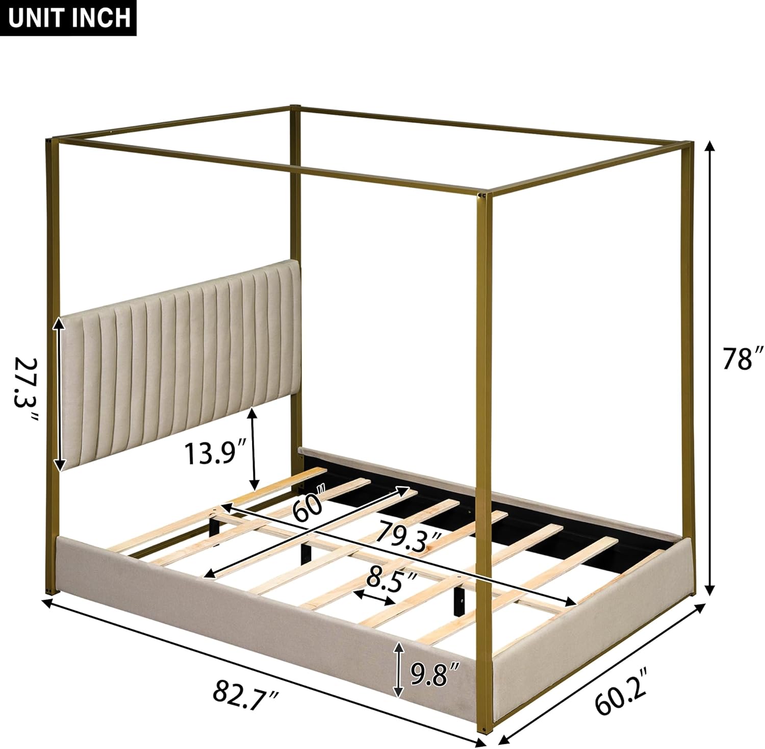 Upholstery Canopy Platform Bed with Headboard and Metal Frame for Bedroom,No Spring Box Needed (Beige, Queen (U.S. Standard))