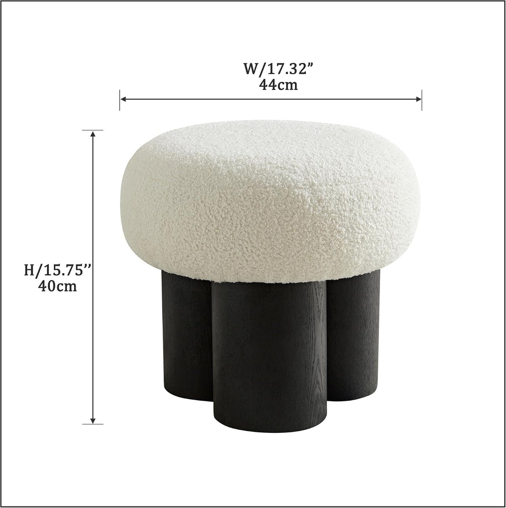 Mushroom Ottoman Stool with Teddy Fabric Round Seat, Three-Leg Wood Grain Base, Plush Foot Rest for Entryway Living Room Bedroom Vanity Makeup Corner Accent Seating Side Table Modern (Black)
