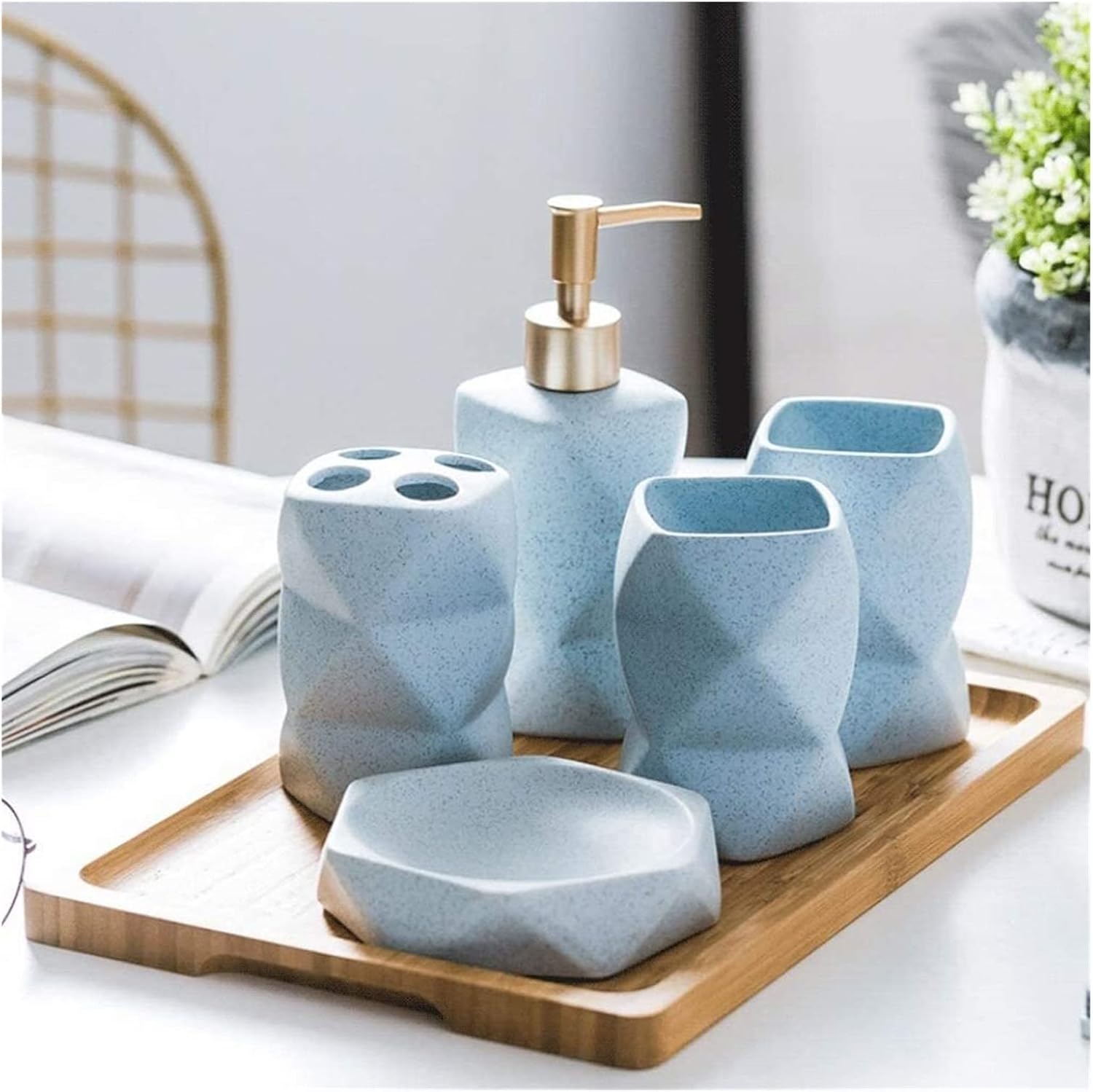 Vanity Bathroom Decor, Bathroom Accessory Set Counter Top Bathroom Set Dispenser for Liquid Soap Lotion Soap Dish Toothbrush Holder Housewarming Gift(Blue,5 Pieces+Tray)