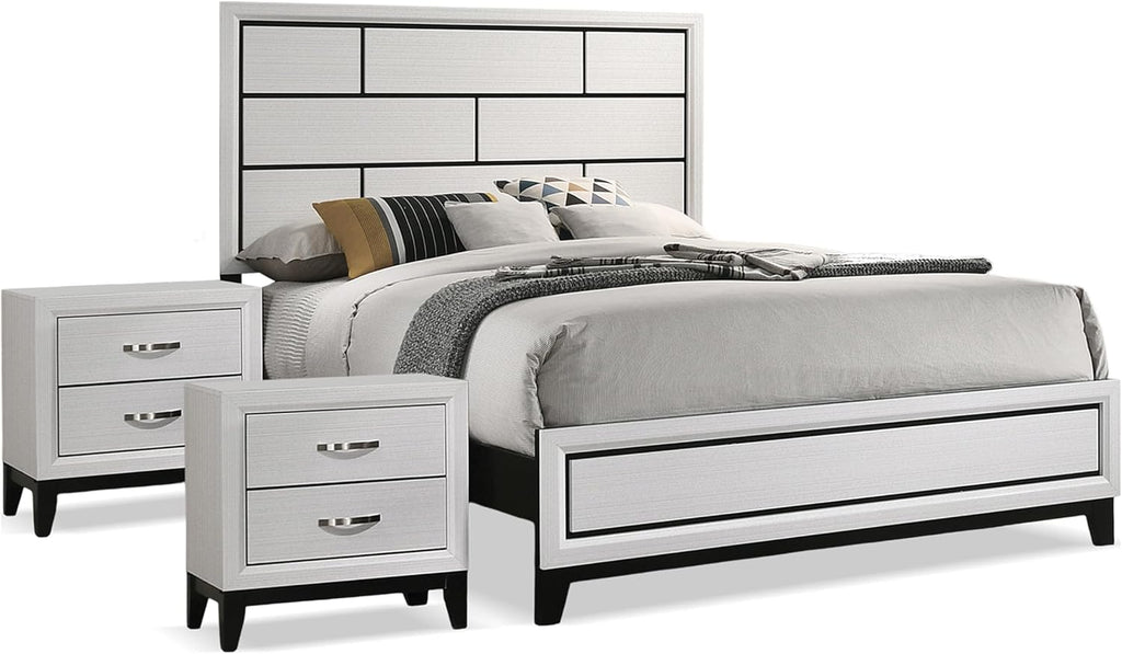 Furniture of America Lucien Modern Wood 3-Piece King Bedroom Set with Panel Style Headboard, Two-Tone Design and Wooden Legs, Box Spring Needed, White