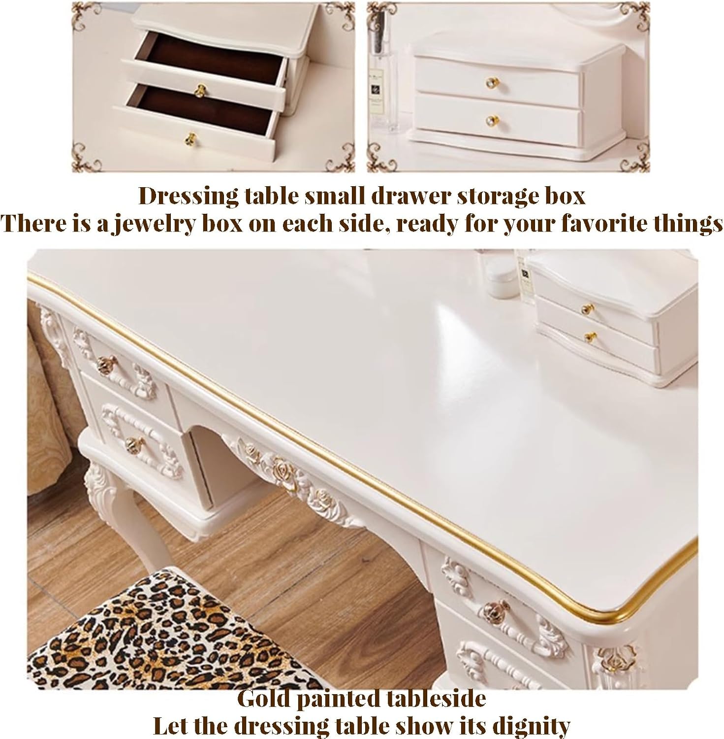 Dressing Table,Vanity Desk with Drawers and Cushioned Stool,Makeup Vanity Table Set with Mirror and Light,European Retro(A)