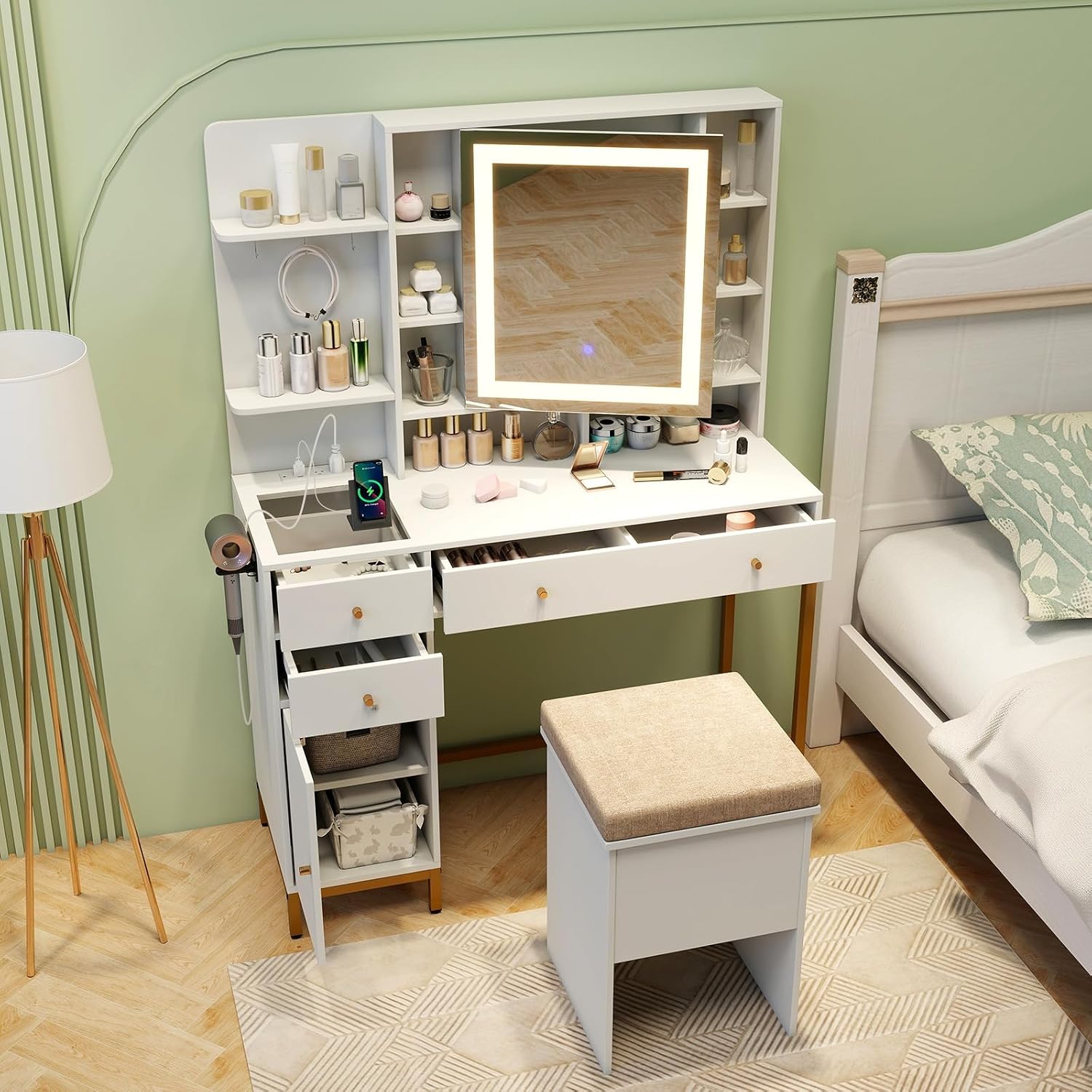 CHARMAID Vanity Desk with Mirror and Lights, White Makeup Vanity Table with Transparent Glass Tabletop, Mirrored Cabinet Door, Charging Station, Drawers, Shelves, Bedroom Dressing Table with Stool