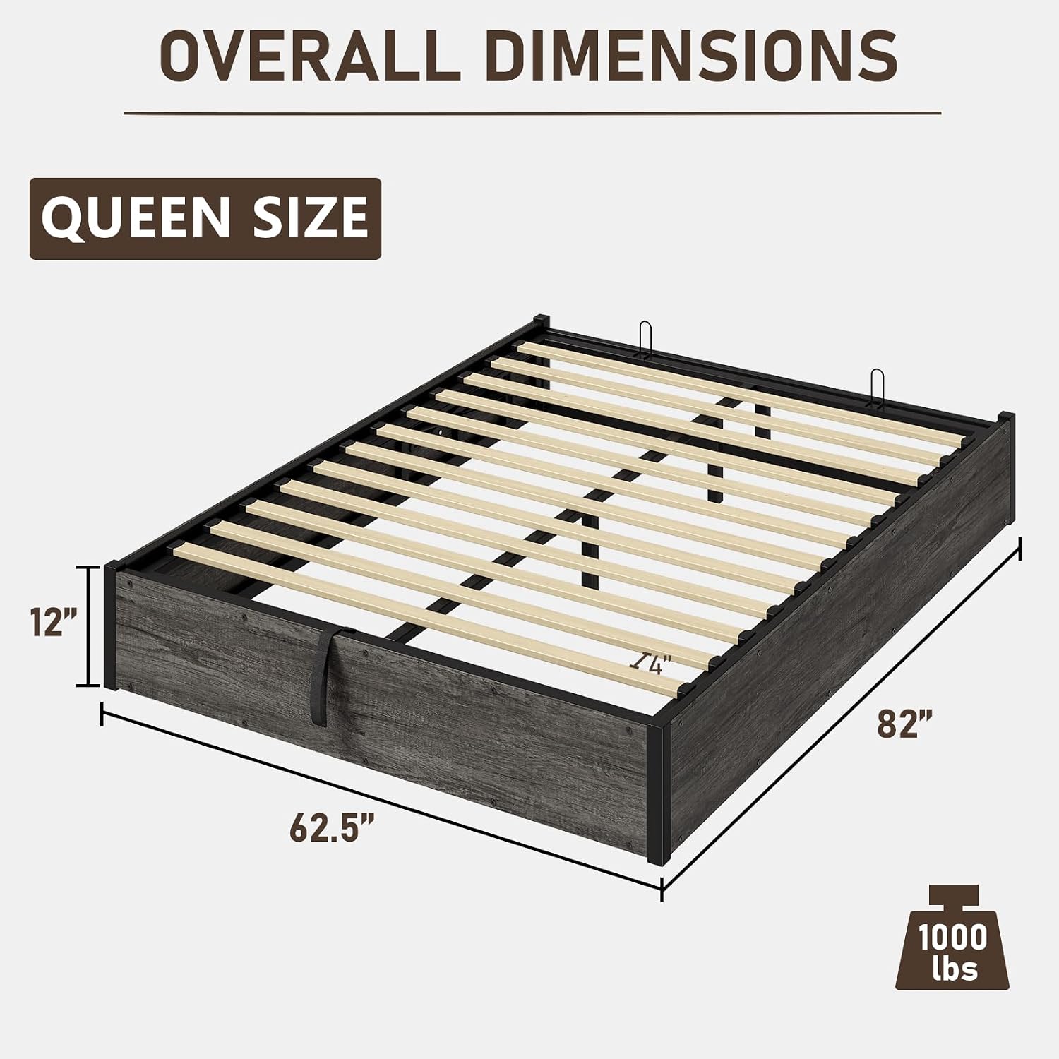 LUXOAK Queen Size Lift Up Storage Platform Bed Frame, Metal Bed Frame with Wooden Slats Support, No Box Spring Needed, Large Storage Space, Noise Free, Easy Assembly, Rustic Grey