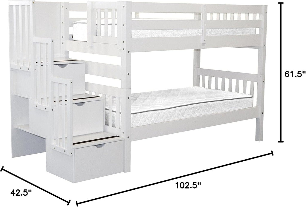 Bedz King Stairway Bunk Beds Twin Over Twin, 3 Step Drawers, White