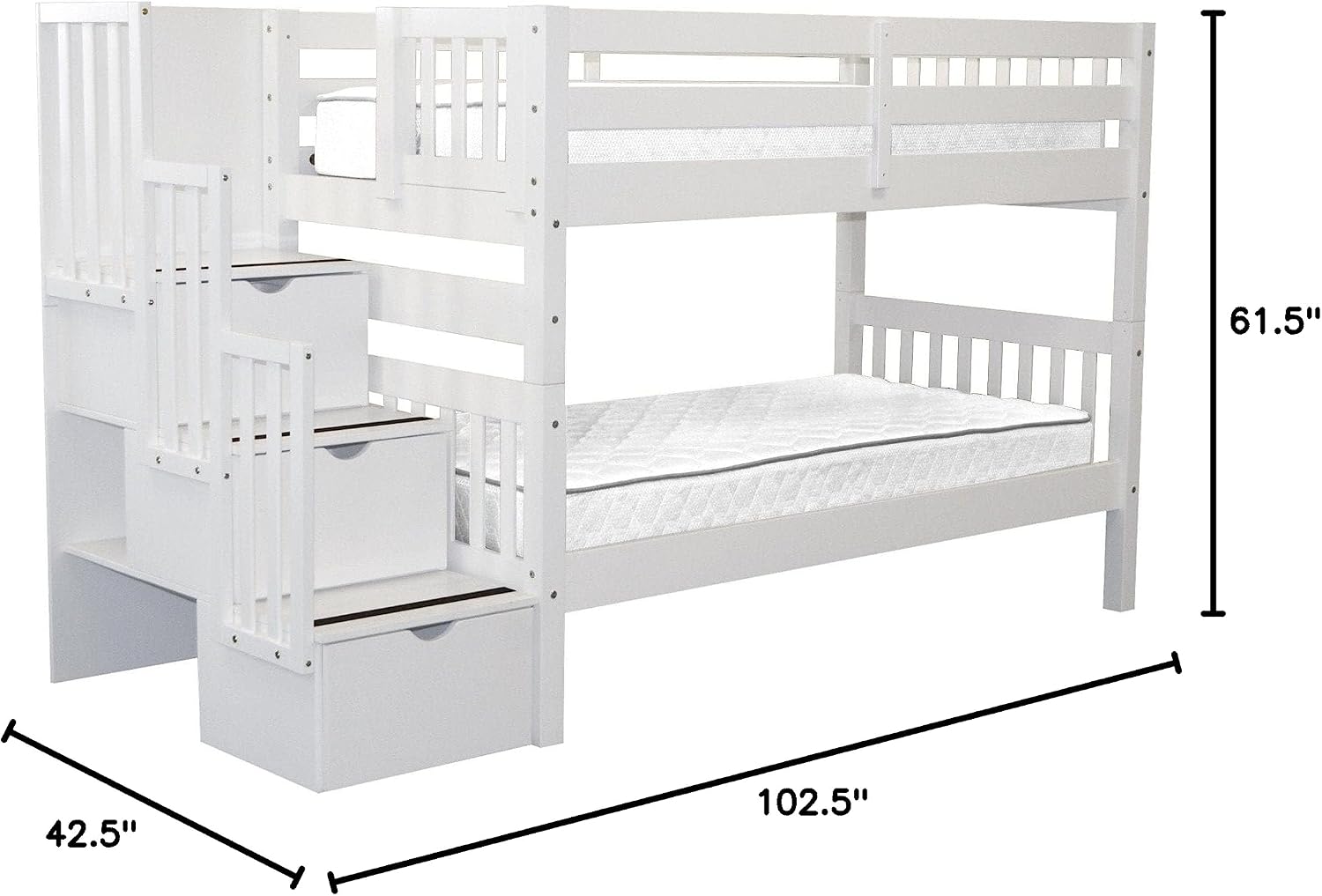 Bedz King Stairway Bunk Beds Twin Over Twin, 3 Step Drawers, White