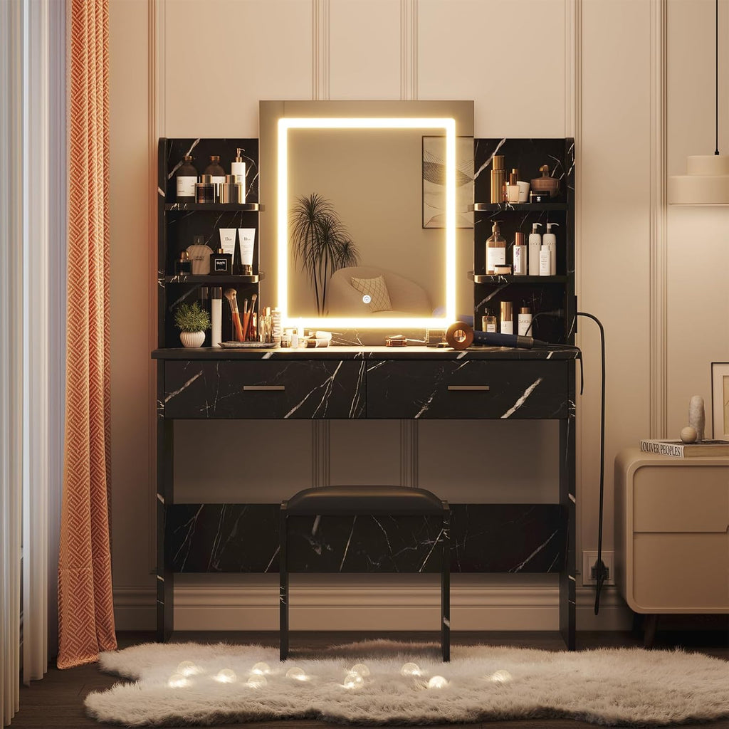 GAOMON Makeup Vanity Desk with Lights and Mirror, Vanity Table with 3 Lighting Modes, Storage Drawer, Shelves, Charging Station and Included Stool for Bedroom, Marble Black