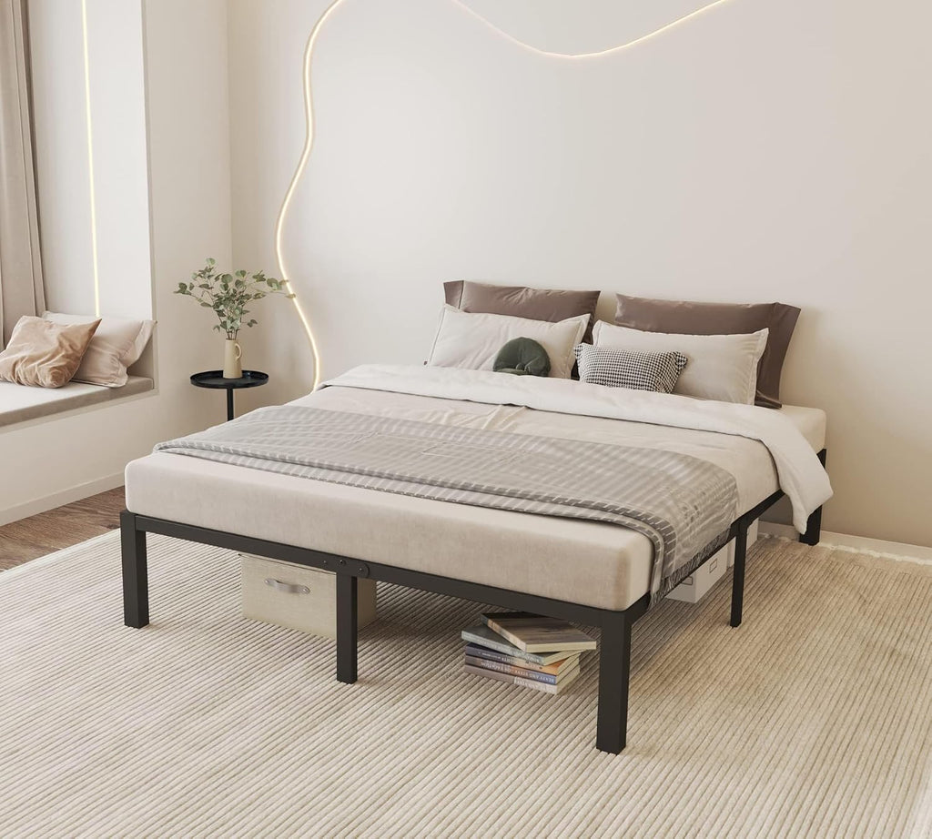 ROIL 14 inch Queen Size Bed Frame with Wood Slats - 3500lbs Heavy Duty No Box Spring Needed Platform, Mattress Stoppers Double Metal Noise Free Bedframe with Headboard Hole