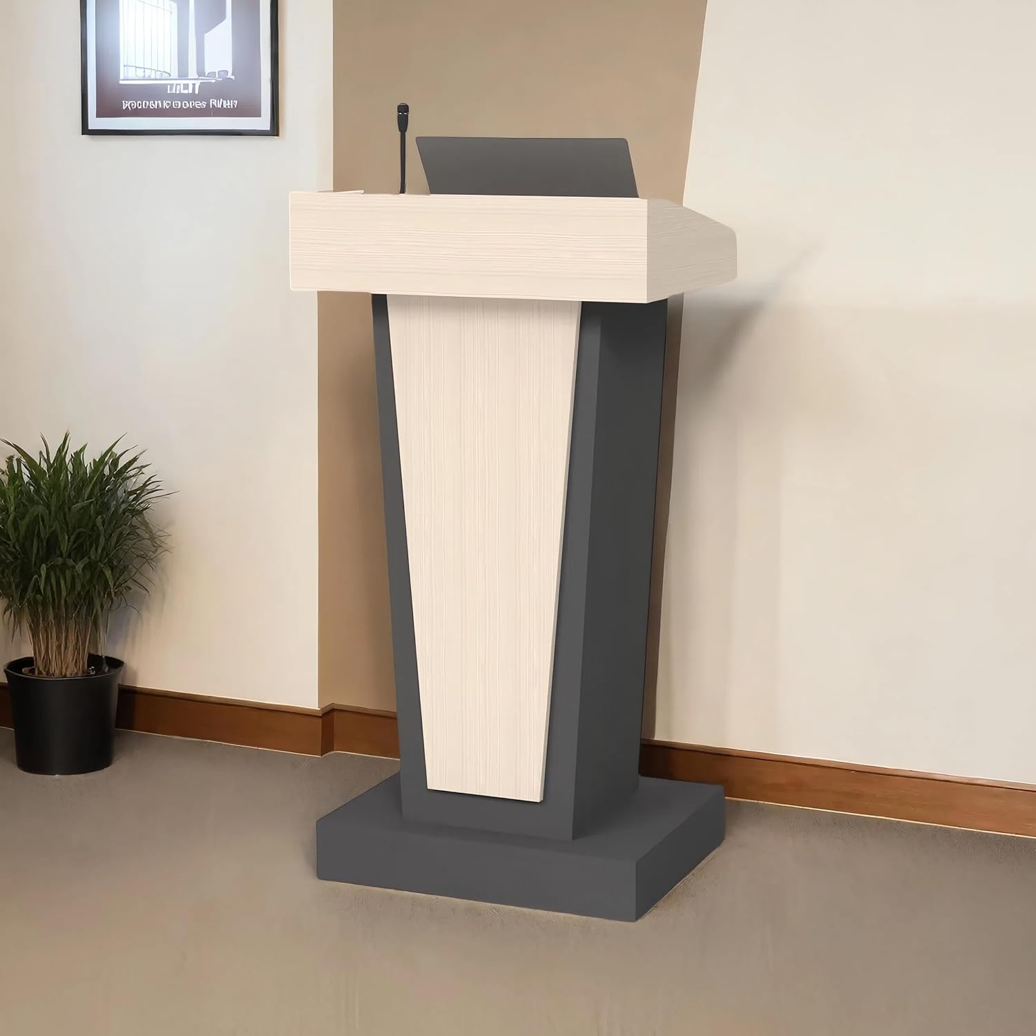 Rolling Podium Stand with Mobile Footrest - 44.3' Ergonomic Lectern for Church, Classroom, Office - Heavy-Duty Locking Wheels, Dual Storage Shelves, Cable Management, Light Wood & Black
