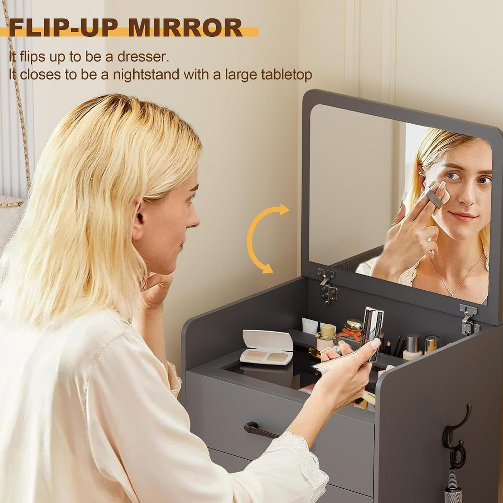 Lvifur Small 3-in-1 Vanity Desk with Mirror, Compact Makeup Table w/Cushioned Stool, Modern Grils' Dressing Table Vanity Set for Apartment, Loft, Dormitory (Grey)