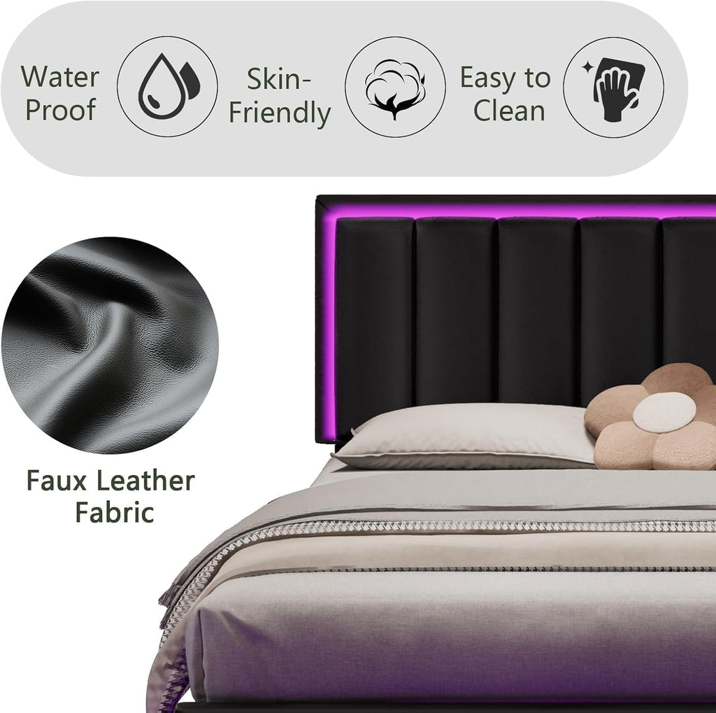 IMMERSTABLE Queen Size Floating Bed Frame with LED Lights, Upholstered Platform Bed with Headboard, 11 in Storage Clearance, Solid Wood Slats, No Box Spring Needed, Easy Assembly, Black
