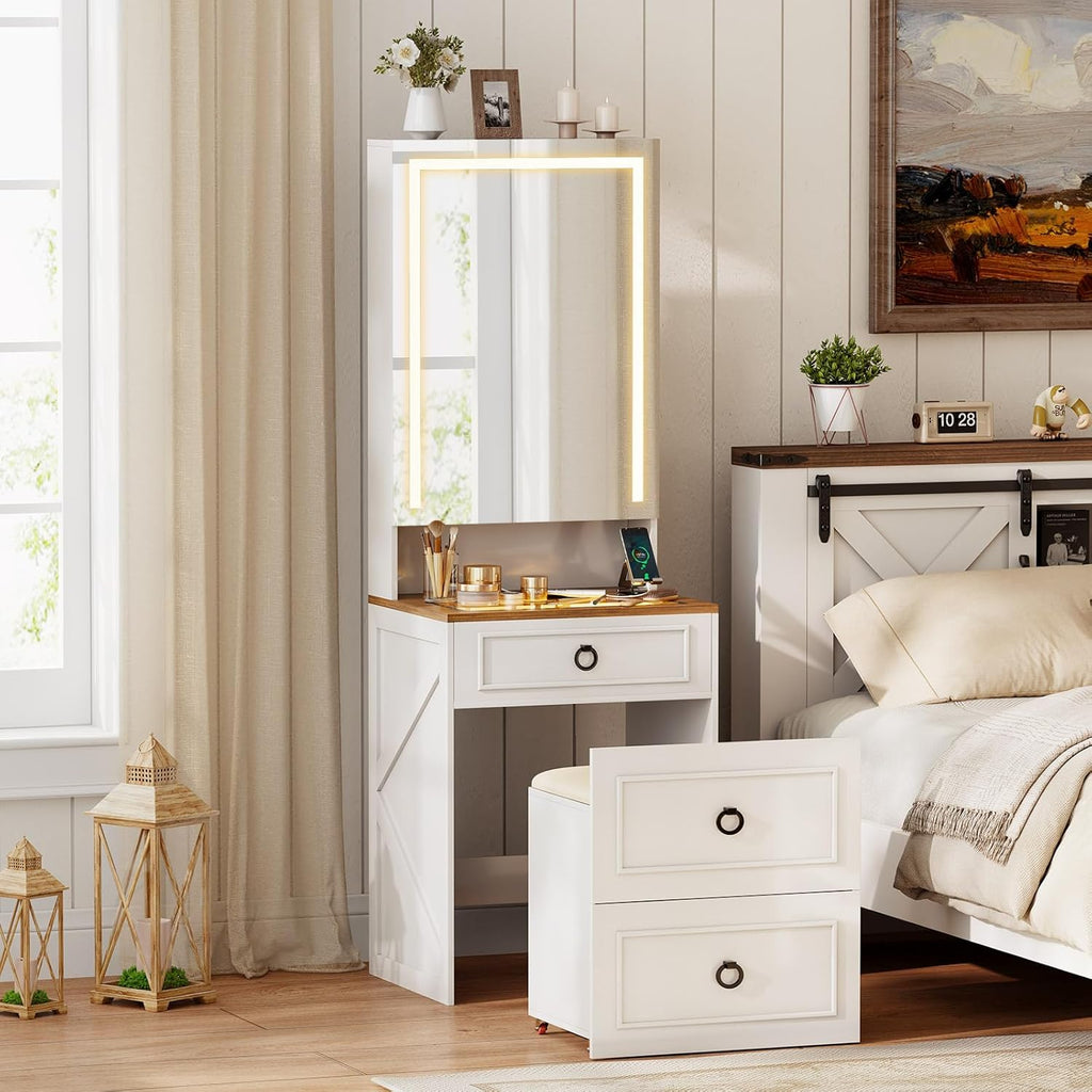 Makeup Vanity Desk with Mirror and Lights,Small Vanity Desk Set with Charging Station & Glass Top,Compact Dressing Table with Jewelry Cabinet & Storage Wheel Stool for Bedroom, White
