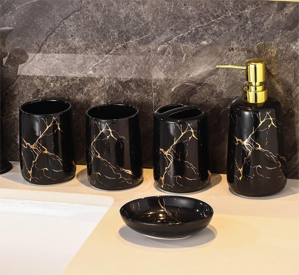 Vanity Bathroom Decor, 5 Piece/Set Soap Dispenser Bathroom Accessories Set Ceramic Marble Pattern Bathroom Accessories Set Housewarming Gift(Black)