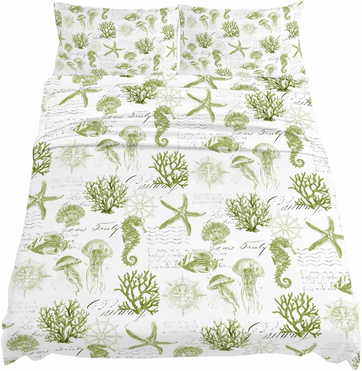Sage Green Coastal Cal King Sheet Set 4 Piece Bedding - Starfish Jellyfish Fish Coral Shells Breathable Comfy Cooling Bed Sheets & Pillowcase Sets,Hotel Luxury Flat Sheets Deep Pockets Fitted Sheet