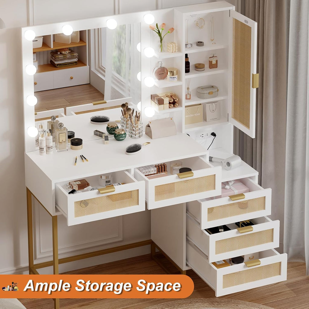 Modern Vanity Makeup Desk with Vanity Mirror, Built-in Lights, 5 Drawers, Power Outlet, Makeup Desk for Bedroom, White & Gold, Rattan