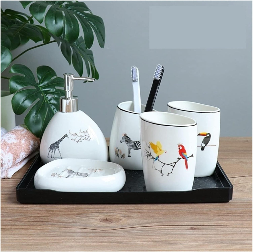 Vanity Bathroom Decor, Bathroom Accessories Set Includes Cute Animal Lotion Soap Dispenser Toothbrush Holder Soap Holder Housewarming Gift(5 Pieces+Black Tray)