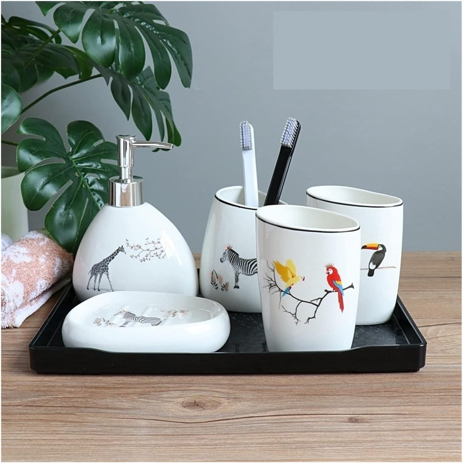 Vanity Bathroom Decor, Bathroom Accessories Set Includes Cute Animal Lotion Soap Dispenser Toothbrush Holder Soap Holder Housewarming Gift(5 Pieces+Black Tray)
