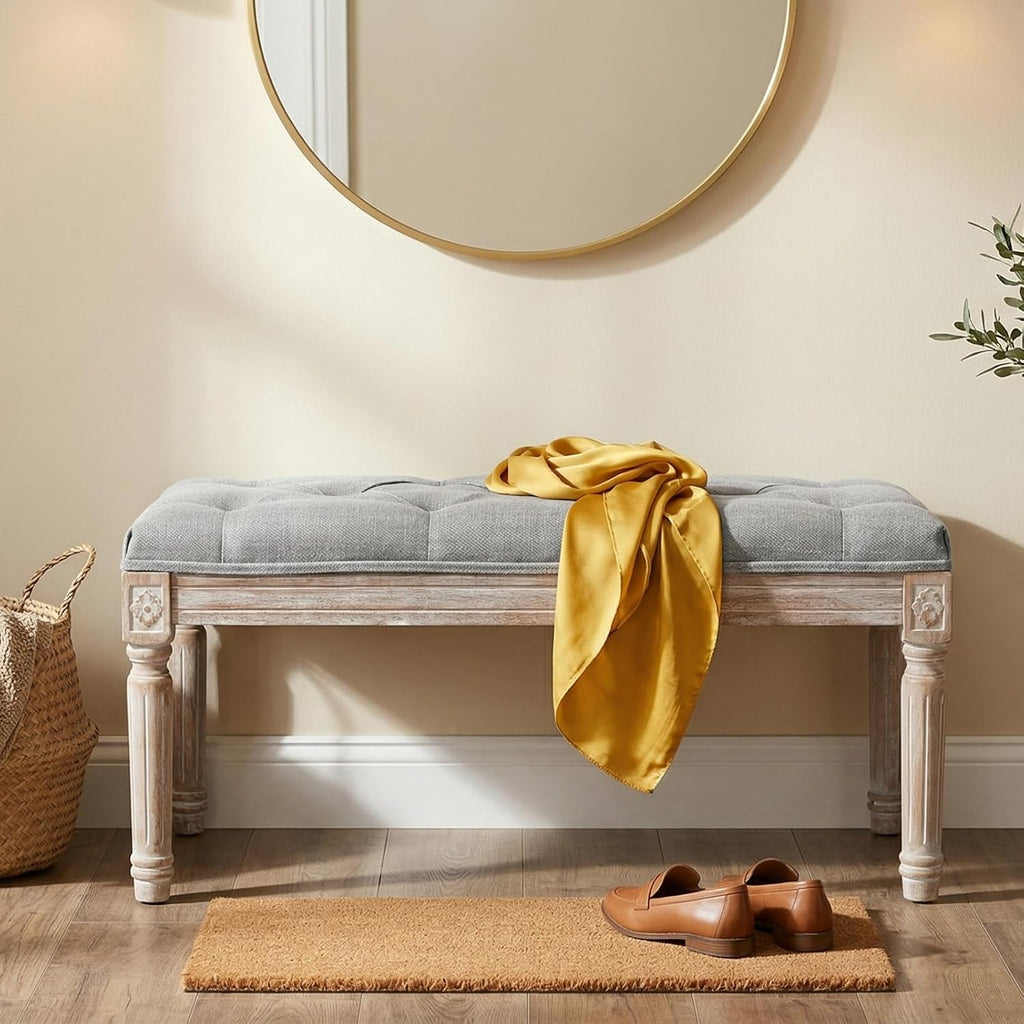 Ottoman Bench Upholstered Fabric Rectangle Entryway Bench, Tufted Piano Bench for 2 People, Rubber Wood Legs with Beautiful Carved Pattern for Bedroom/Living Room/Dining Room (Grey)