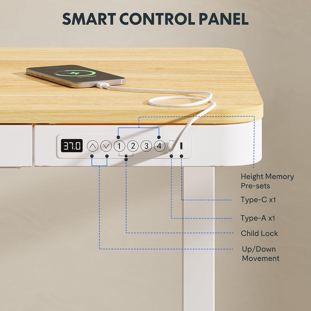 FLEXISPOT Electric Standing Makeup Vanity Desk with Drawer and USB Charge Ports&Child Lock, 55' Height Adjustable Whole-Piece Quick Install Dressing Table for Women Girls Bedroom Dressing Room, Maple