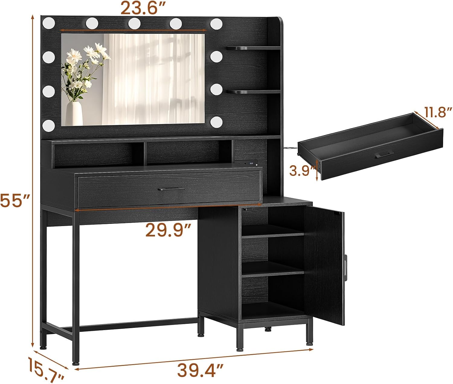 Driftalia Vanity Desk with Mirror and Lights, Makeup Vanity with Storage Drawer, Power Outlet and Large Cabinet for Bedroom - Black