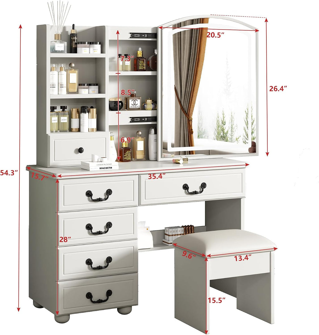 Makeup Vanity Desk with Mirror and Lights, Vanity Table Set with Storage Drawer & Chair & 3 Shelves, 3 Lighting Colors, Adjustable Brightness White Makeup Vanity with Lights (Large)