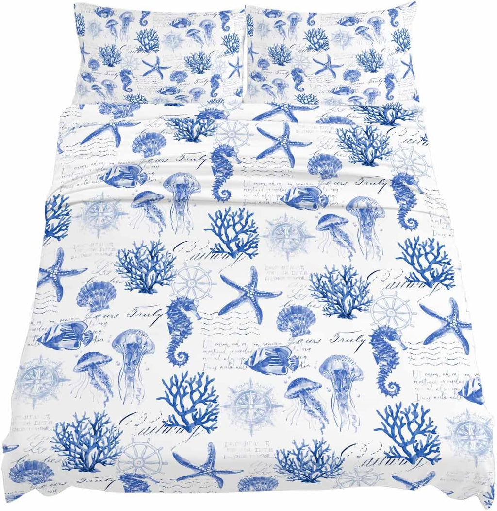 Blue Coastal Cal King Sheet Set 4 Piece Bedding - Ocean Nautical Coral Seahorse Starfish Breathable Comfy Cooling Bed Sheets & Pillowcase Sets,Hotel Luxury Flat Sheets Deep Pockets Fitted Sheet