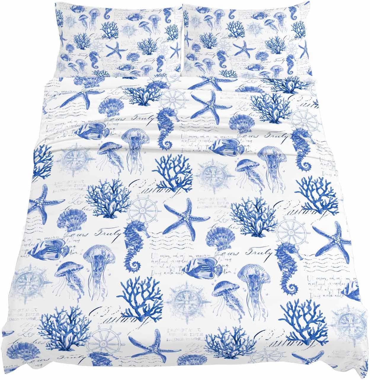 Blue Coastal Cal King Sheet Set 4 Piece Bedding - Ocean Nautical Coral Seahorse Starfish Breathable Comfy Cooling Bed Sheets & Pillowcase Sets,Hotel Luxury Flat Sheets Deep Pockets Fitted Sheet