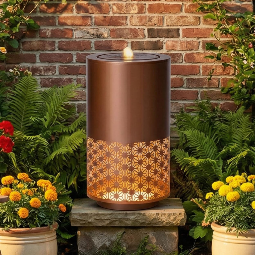 Merax 20.87' H Brown Metal Cutout Outdoor Water Fountain with LED Lights, Modern Freestanding Candle Style Water Feature for Patio Backyard Decor