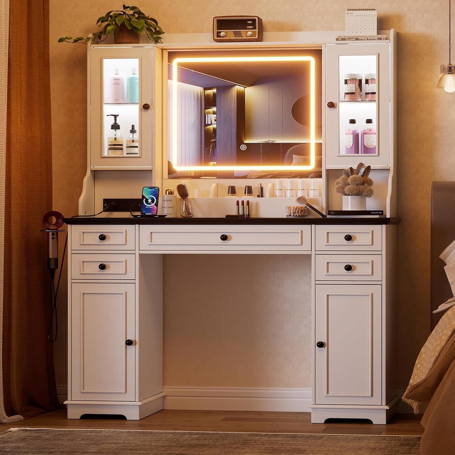 PAKASEPT Vanity Desk with Mirror and Lights, Makeup Vanity with 3 Lighting Modes& Charging Station, 5 Drawers, 4 Cabinets, Farmhouse Bedroom Vanitys for Women, Girls, Teens