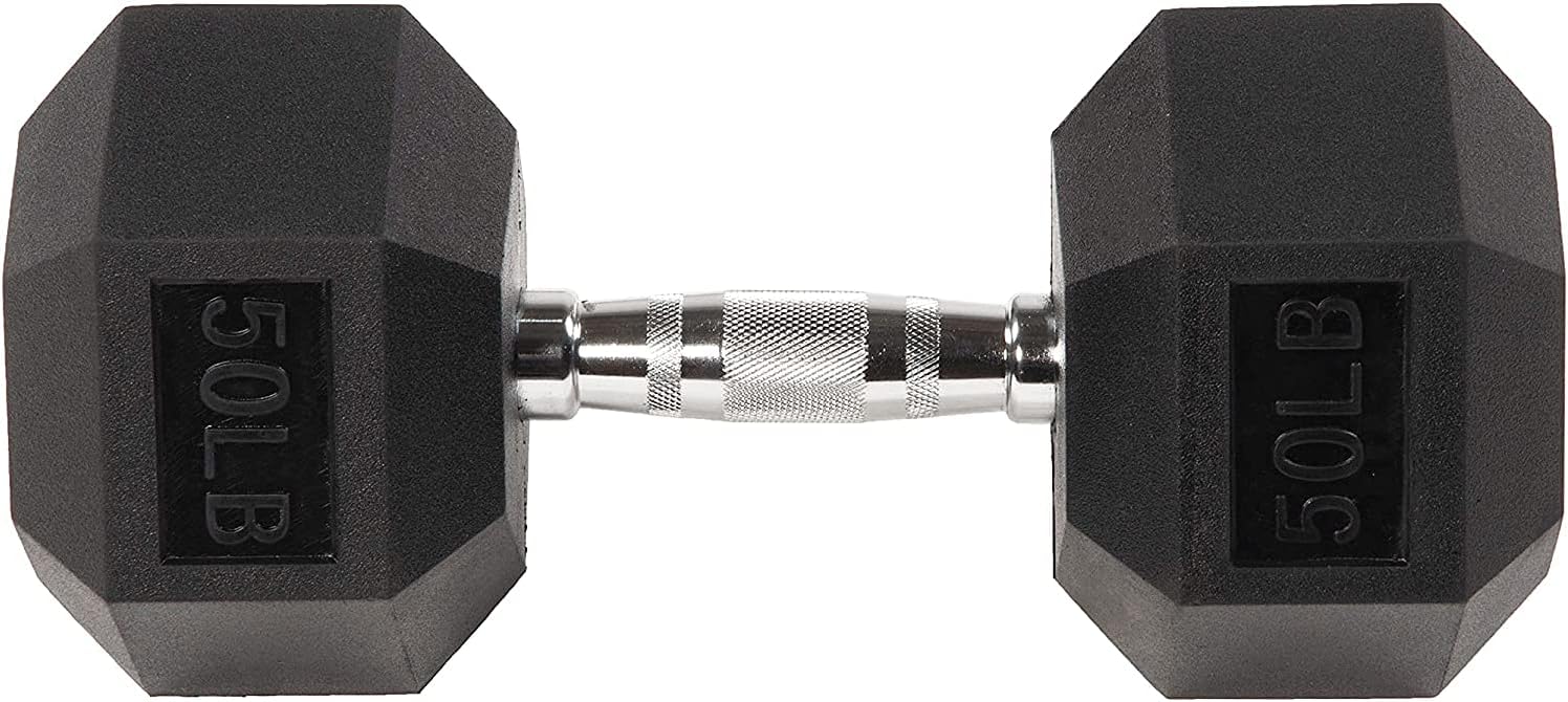 Fitvids Rubber Encased Exercise & Fitness Hex Dumbbell, Hand Weights with Anti-Slip Metal Handle for Home Gym, Multiple Sizes
