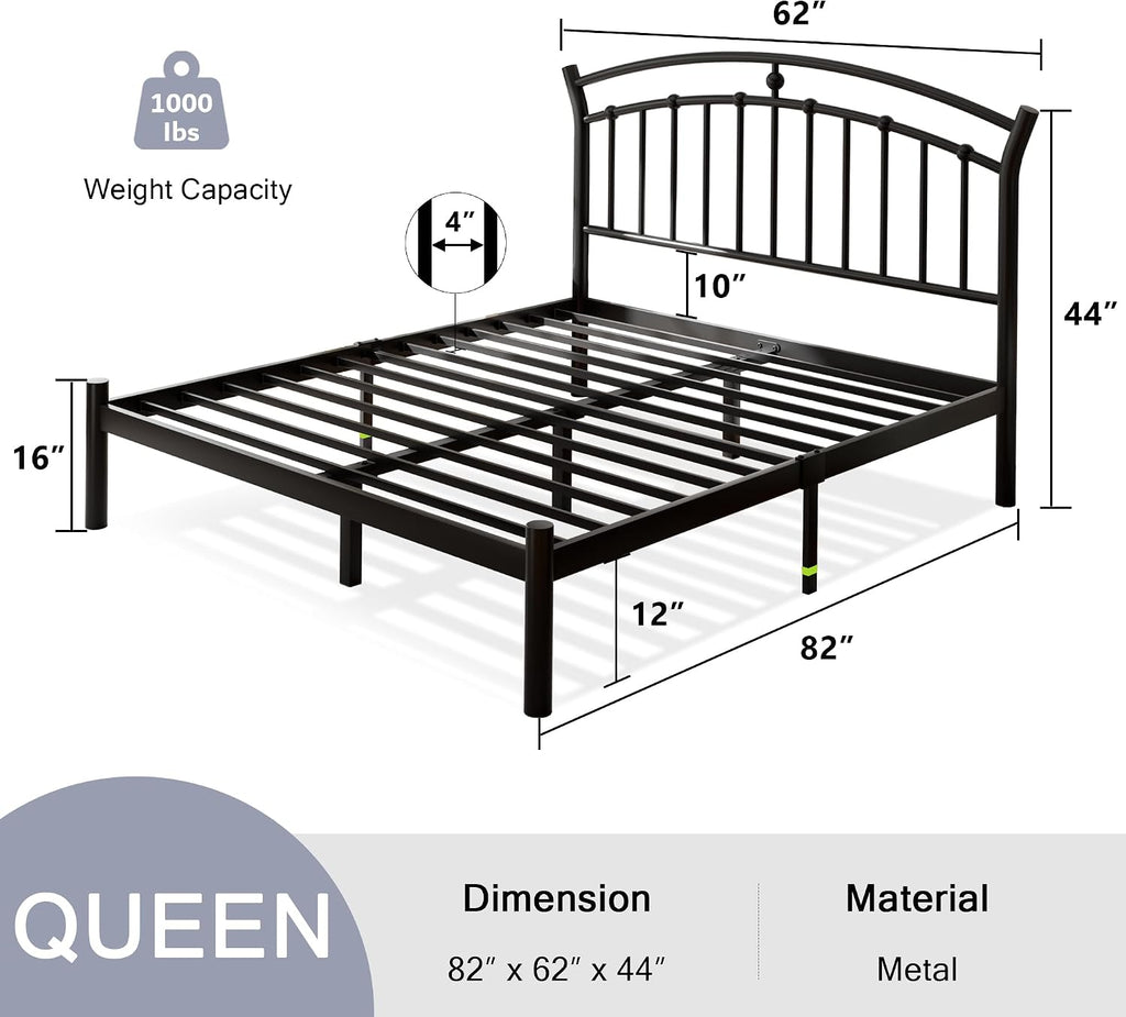Einhomn Queen Bed Frame, Black Metal Bed Frame with 12' Under-Bed Storage, Heavy Duty Steel Slat Support, No Box Spring Needed, Noise-Free, Easy Assembly