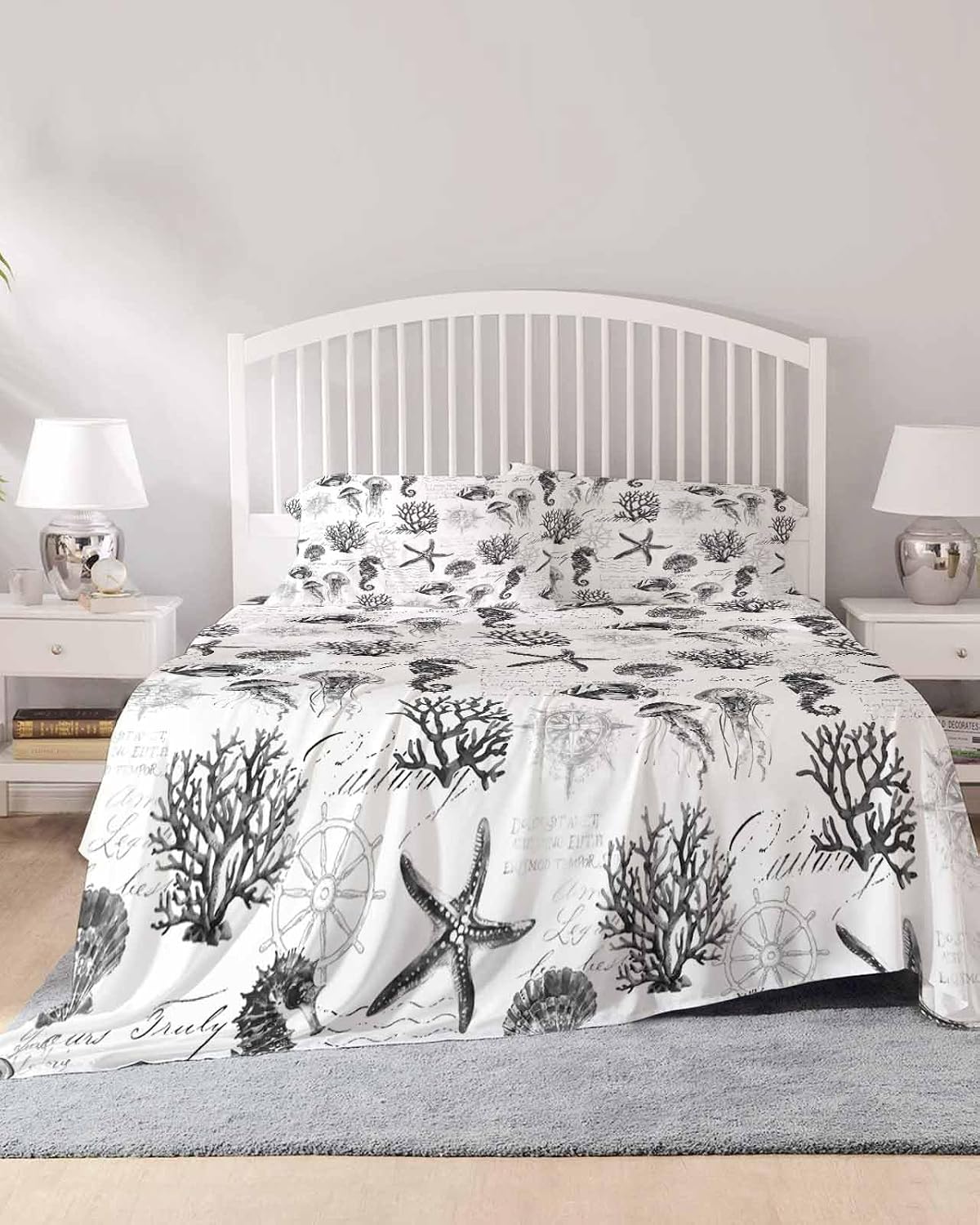 Gray Coastal Cal King Sheet Set 4 Piece Bedding - Retro Nautical Starfish Coral Jellyfish Breathable Comfy Cooling Bed Sheets & Pillowcase Sets,Hotel Luxury Flat Sheets Deep Pockets Fitted Sheet
