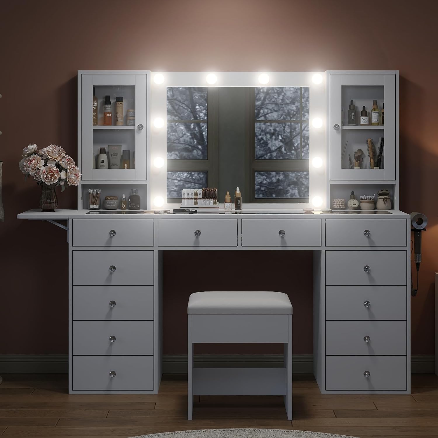 FUSOU 55'' Large Vanity Desk with Mirror and Lights, 12 Drawers Makeup Vanity with Power Olutlet, 2 Cabinets & Fold-up Panel, 3 Lighting Modes, Glass Top Vanity with Chair for Bedroom, White