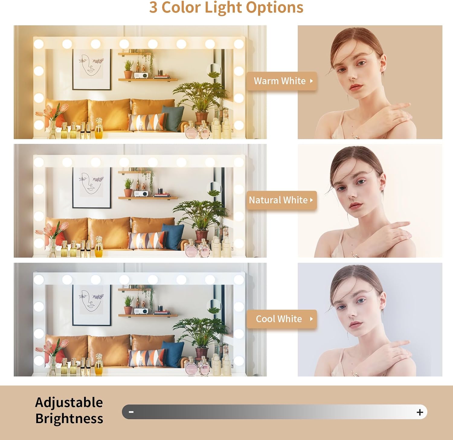 VOWNER Vanity with Lighted Mirror - Makeup Vanity Desk with Glass Top and 11 Drawers, 3 Color Lighting Modes Adjustable Brightness, 46' Vanity Table with Soft Cushioned Stool for Bedroom, White
